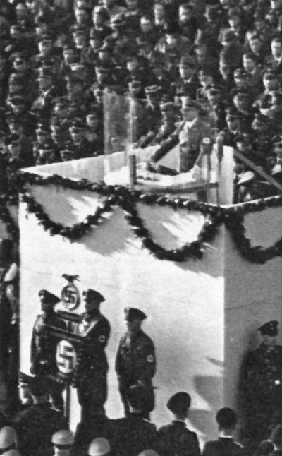 Adolf Hitler makes a speech at the Rathausplatz in Wilhelmshaven for the launching of the battleship Tirpitz